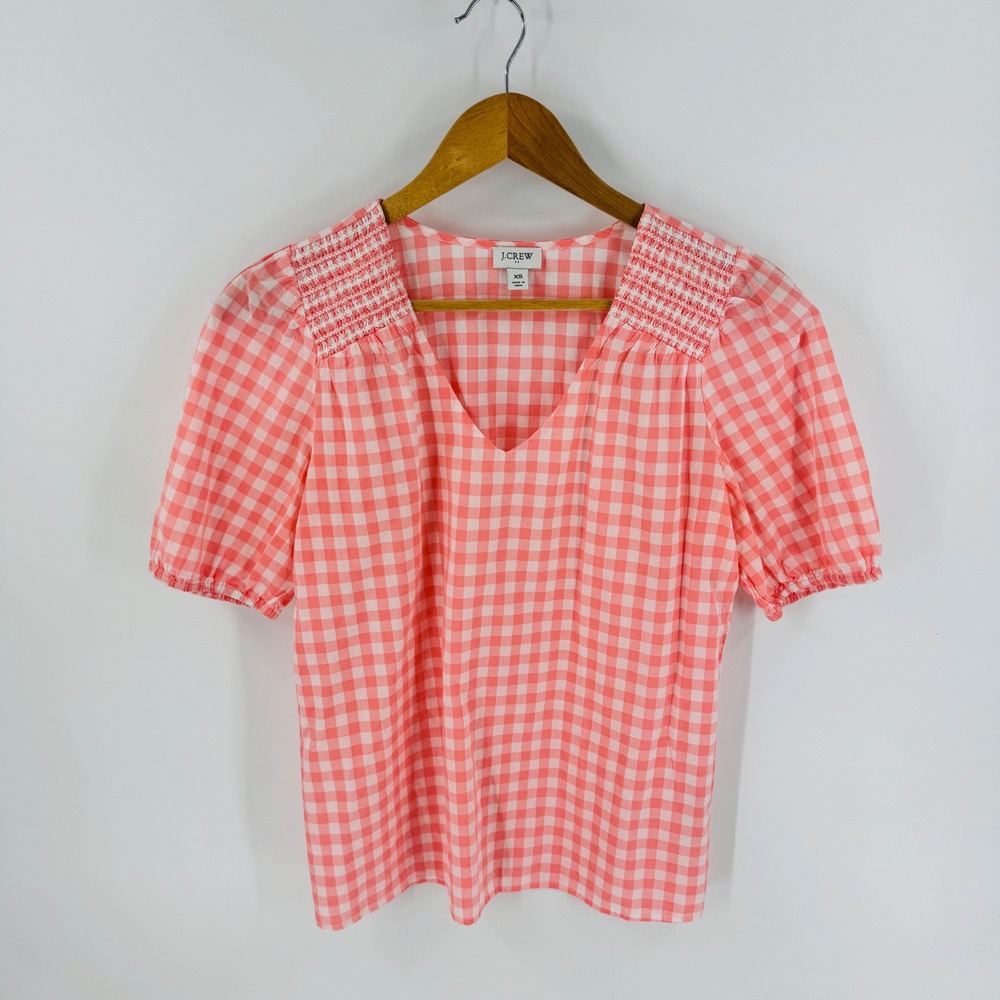 J. Crew Factory Peach Gingham Smocked Top Size XS Cottage Picnic Preppy Coastal